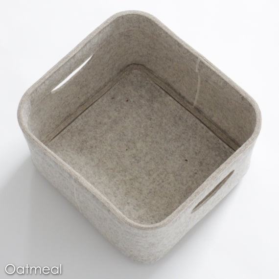Custom-made bin in oatmeal, showing the bottom from the top