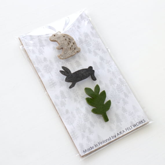 Bear, rabbit, tree - forest animal felt pin brooch, set of 3, packaged