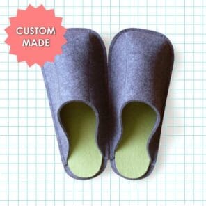 Custom-made slippers in dark grey with green insoles