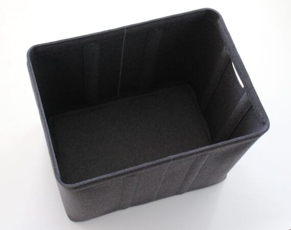 Custom-made bin in dark grey, showing the bottom from top