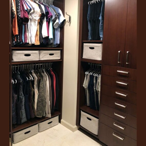 Custom-bins in oatmeal set in walk-in closet