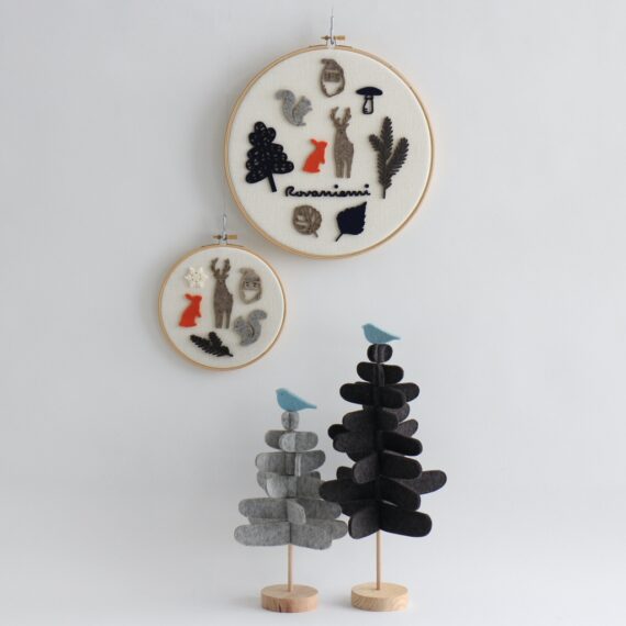 Embroidery hoop wall art, Rovaniemi theme, large size and small size, on a wall
